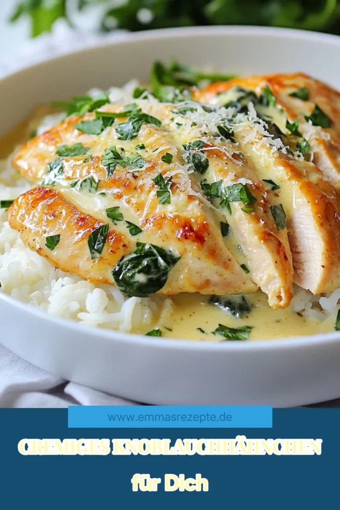 Entdecken Sie dieses köstliche Knoblauch Hähnchen Rezept, das mit cremiger Hähnchenbrust, zartem Jasminreis und frischem Spinat begeistert. Perfekt gewürzt mit italienischen Kräutern, wird dieses Spinat Hähnchen Gericht zum neuen Favoriten in Ihrer Küche. Es ist einfach und schnell zubereitet. Ideal für ein schnelles Abendessen. Speichern Sie das Rezept und genießen Sie eine cremige Gaumenfreude! #KnoblauchHähnchen #Jasminreis #HähnchenRezept #CremigeRezept