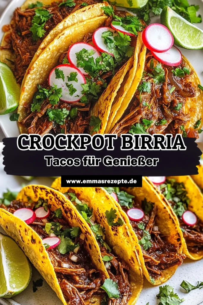 Entdecken Sie das köstliche Rezept für Crockpot Birria Tacos! Diese mexikanischen Tacos, gefüllt mit zartem Rinderbraten, sind ein Muss für Taco-Liebhaber. Mit unserem einfachen Birria Rezept und dem Slow Cooker gelingt Ihnen dieses Gericht ganz mühelos. Perfekt für gemütliche Abende oder gatherings. Probieren Sie es aus und lassen Sie sich von dem Geschmack begeistern! #CrockpotBirriaTacos #BirriaRezept #RinderTacos #MexikanischeTacos