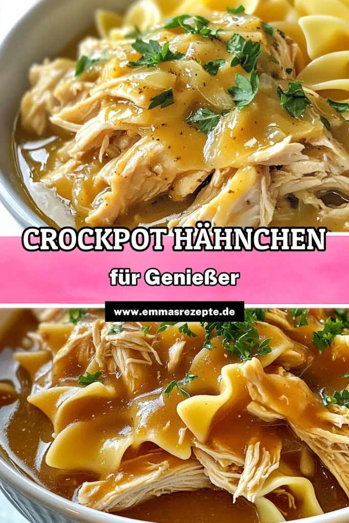 Entdecke dieses köstliche Crockpot Hähnchen Rezept für einfaches langsames Kochen Hähnchen! Zarte Hähnchenbrust im Crockpot wird mit einer cremigen Hähnchen mit Soße serviert, die perfekt zu Nudeln oder Kartoffelbrei passt. Mit nur wenigen Zutaten in 6-8 Stunden bereit, ist dieses einfache Hähnchenrezept ideal für stressfreie Abendessen. Probiere es aus und genieße das Geschmackserlebnis! #CrockpotHähnchen #HähnchenmitSoße #langsamesKochenHähnchen #einfacheHähnchenrezepte
