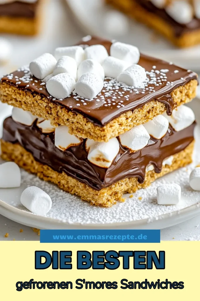 Entdecken Sie dieses köstliche gefrorene S'mores Rezept! Perfekt für warme Sommertage, lassen sich S'mores Sandwiches einfach machen und sorgen für Freude bei Groß und Klein. Diese einfache gefrorene Nachspeise kombiniert cremige Schlagsahne mit leckeren Marshmallows und Schokoladenstücken, ideal für Schokoladen S'mores Ideen. Speichern Sie es für Ihr nächstes Dessert! #S'mores #DessertMitMarshmallows #EinfacheRezepte #Süßigkeiten