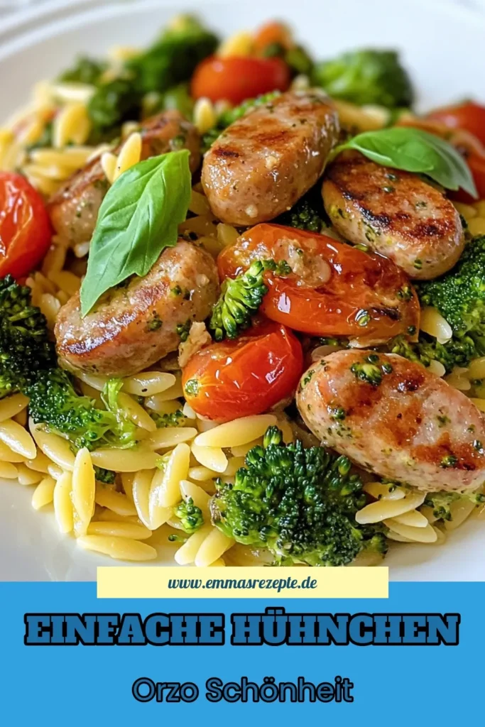 Entdecken Sie dieses köstliche Hühnchen-Wurst Rezept mit Brokkoli Orzo Pasta, das perfekt für schnelle Abendessen Rezepte ist! Dieses gesunde Pasta Rezept kombiniert zarte Hühnerwürste mit frischem Brokkoli und Kirschtomaten in einem italienischen Gericht mit Hühnchen, das in nur 30 Minuten zubereitet ist. Lassen Sie sich inspirieren und speichern Sie dieses Rezept für Ihr nächstes Abendessen! #HühnchenWurstRezept #BrokkoliOrzoPasta #schnelleAbendessenRezepte #gesundesPastaRezept