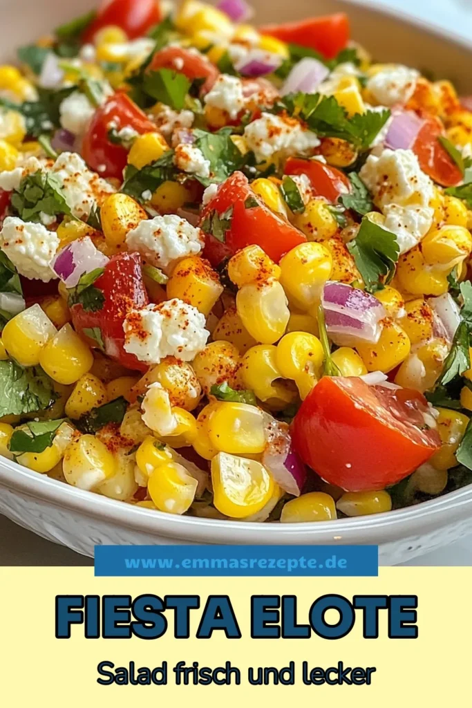 Entdecken Sie unseren köstlichen Fiesta Elote Salat, ideal für Ihre Grillfestivals im Sommer! Dieser mexikanische Maissalat kombiniert frischen Mais, bunte Paprika, Kirschtomaten und würzigen Cotija Käse für ein Geschmackserlebnis. Mit einer cremigen Dressing aus Mayonnaise und griechischem Joghurt wird dieser frische Salat mit Koriander zum Star jedes Buffets. Probieren Sie unser einfaches Grill Rezept Sommer und bringen Sie Farbe und Geschmack auf den Tisch! #FiestaEloteSalat #MexikanischerMaissalat #CotijaKäseRezept #GrillRezeptSommer