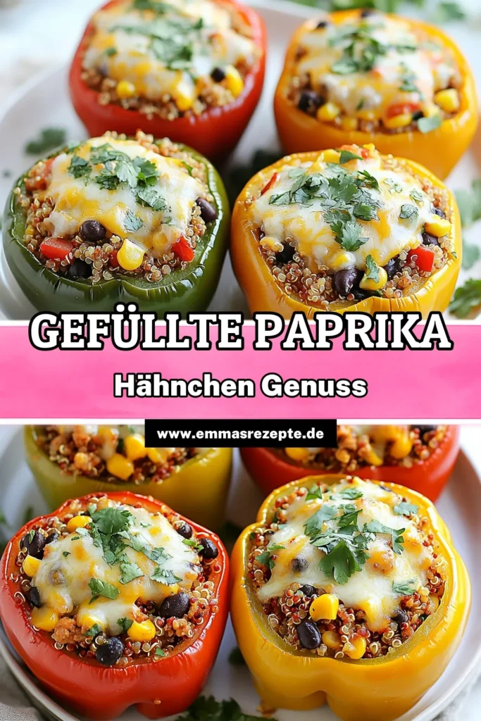 Dieses gefüllte Paprika Rezept ist die perfekte Kombination aus Geschmack und Gesundheit! Mit Hähnchenhackfleisch und Quinoa ist es ein ideales Gericht für jede Gelegenheit. Entdecken Sie dieses gesunde Quinoa Rezept, das auch eine großartige Basis für einfache vegetarische Paprika bietet. Kombinieren Sie es mit mexikanischen Bohnenrezepten für noch mehr Abwechslung. Speichern Sie dieses Rezept für Ihre nächste Mahlzeit! #gefülltePaprika #Hähnchenhackfleisch #gesundeRezepte #mexikanischeKüche