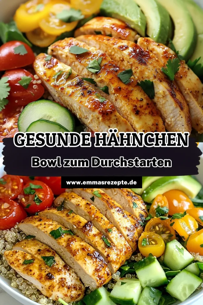 Entdecke unsere gesunde Hähnchen Power Bowl, ein köstliches Rezept für proteinreiche Mahlzeiten! Diese kalorienarme Hähnchenrezepte kombiniert zartes Hähnchen mit Quinoa und frischem Gemüse. Ideal für alle, die mediterrane Bowl Rezepte lieben! Bereite dir eine leckere und nahrhafte Mahlzeit zu, die einfach zuzubereiten ist. Probiere es aus und schmecke den Unterschied! #GesundeErnährung #ProteinreicheMahlzeiten #QuinoaSalat #MediterraneBowl