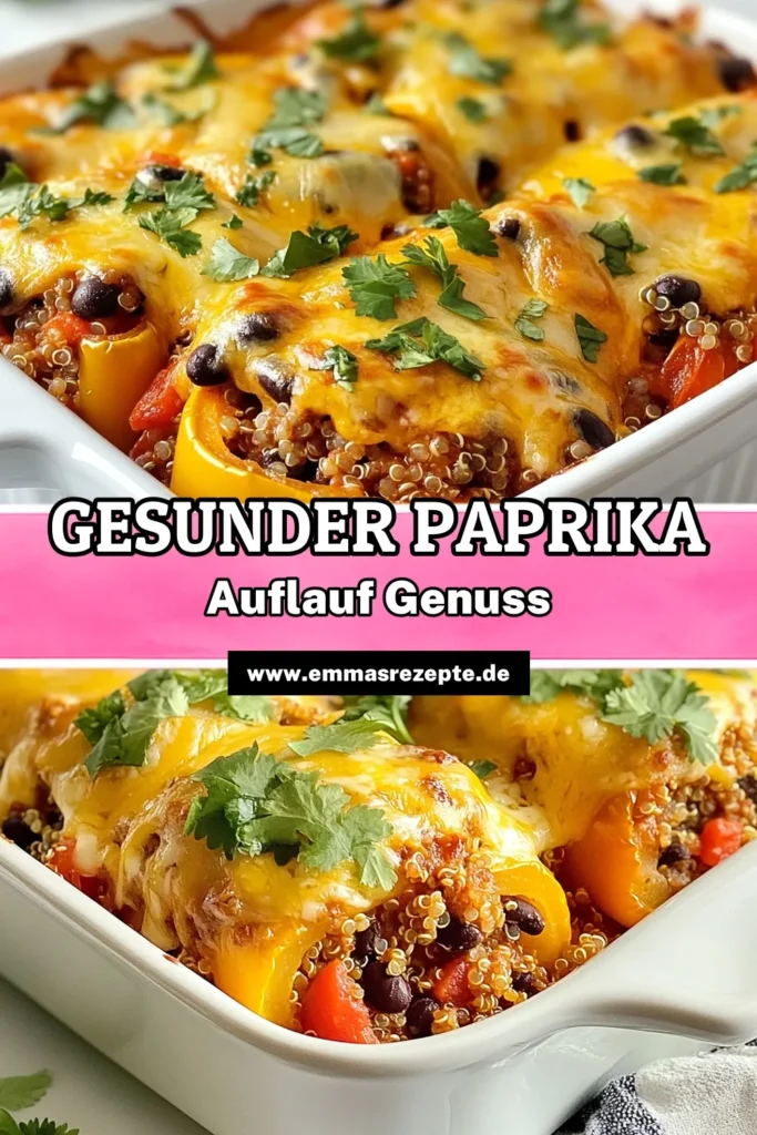 Entdecken Sie diesen köstlichen gefüllten Paprika Auflauf, perfekt für eine gesunde Mahlzeit! Dieses Quinoa Auflauf Rezept vereint Aromen von gemahlenem Fleisch und Gemüse in einem leckeren mexikanischen Auflauf. Für eine vegetarische Option probieren Sie unseren Bohnen Quinoa Auflauf. Einfach zuzubereiten, ideal für die ganze Familie. Speichern Sie das Rezept und genießen Sie gesunde Paprika Gerichte! #PaprikaAuflauf #QuinoaRezept #GesundeErnährung #MexikanischeKüche