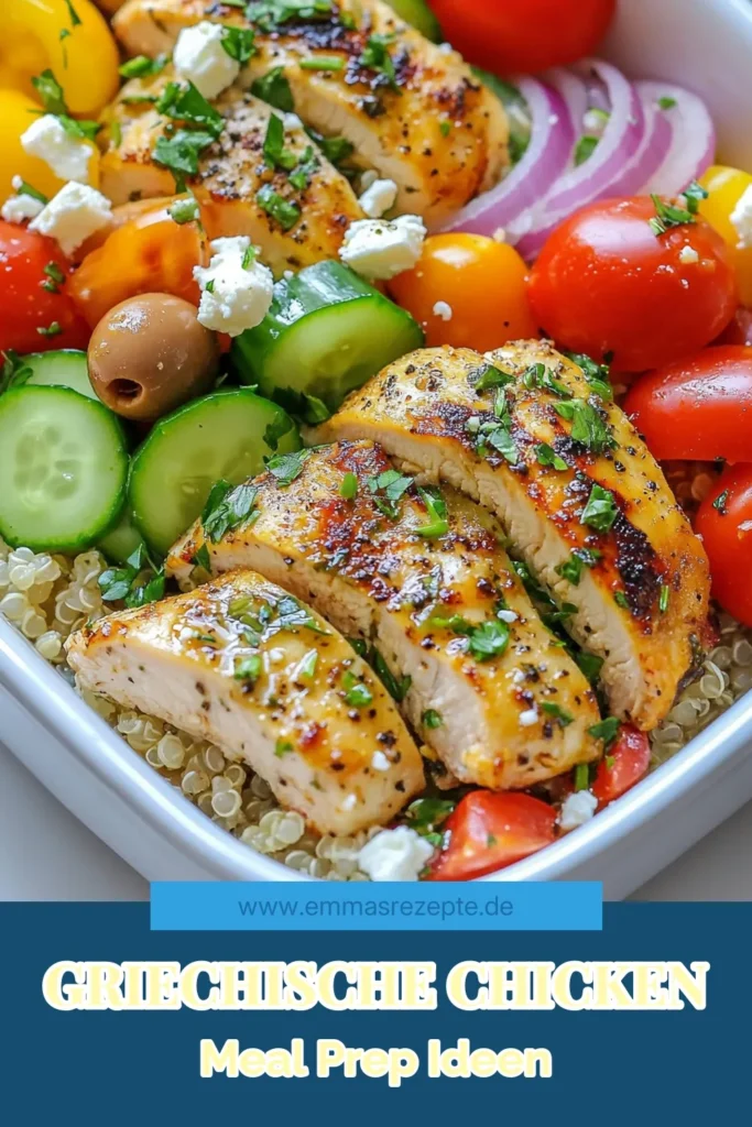 Entdecke dieses köstliche Rezept für griechische Chicken Meal Prep Schalen, perfekt für eine gesunde mediterrane Ernährung! Diese Hähnchen Meal Prep Rezept ist einfach zuzubereiten und nutzt nährstoffreiche Quinoa. Fülle deine gesunden Meal Prep Schalen mit saftigem Hähnchen, frischem Gemüse und Feta-Käse. Ideales Gericht für die Woche! Probiere es aus und lass dich inspirieren! #GriechischeChickenMealPrep #MealPrep #QuinoaRezepte #GesundeErnährung