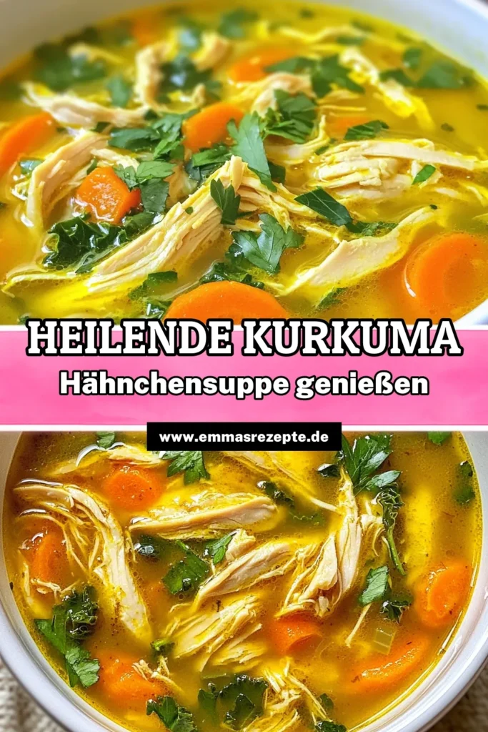 Entdecken Sie dieses köstliche Rezept für Kurkuma Hähnchen Suppe, das perfekt ist, um Ihre Immunabwehr zu stärken. Diese gesunde Hühnersuppe Rezept kombiniert das Nährstoffkick von gemahlenem Kurkuma mit frischem Gemüse für eine einfache Gemüse Suppe, die allen schmeckt. Mit Kokosöl zubereitet, ist diese Suppe nicht nur lecker, sondern auch nährstoffreich. Probieren Sie es aus und speichern Sie das Rezept für kalte Tage! #KurkumaHähnchenSuppe #GesundeHühnersuppe #ImmunStärken #EinfachesGemüseSuppeRezept