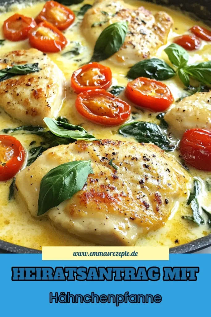 Entdecke das Heirats-Hähnchen mit diesem einfachen Rezept für eine italienische Hähnchenpfanne! Dieses schnelle Hähnchenrezept überzeugt mit cremigem Hähnchen mit Spinat und köstlichen Kirschtomaten. Perfekt für ein schnelles Abendessen und ideal für besondere Anlässe. Lass dich von diesem Gericht verzaubern und teile es mit deinen Liebsten! Probiere es aus und koche dein Heirats-Hähnchen heute. #HeiratsHähnchen #Hähnchenrezepte #CremigesHähnchen #SchnelleRezepte