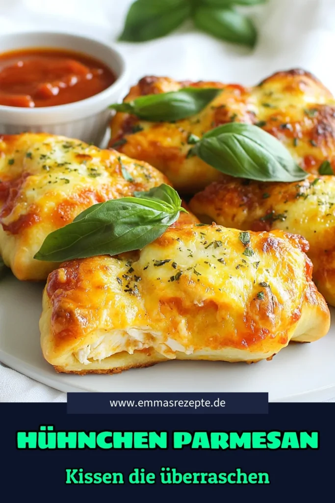 Entdecken Sie das köstliche Rezept für Hühnchen Parmesan Kissen! Diese gefüllten Kissen sind mit zartem Hühnchen, Mozzarella und Parmesan gefüllt, um einen perfekten italienischen Snack zu schaffen. Ideal für Partys oder als einfache Hühnchen Rezepte im Alltag. Das Blätterteig Rezept macht sie schnell und einfach zuzubereiten. Probieren Sie es aus und lassen Sie sich von diesem Geschmackserlebnis begeistern! #HühnchenParmesanKissen #BlätterteigRezept #einfacheHühnchenRezepte #italienischeSnacks