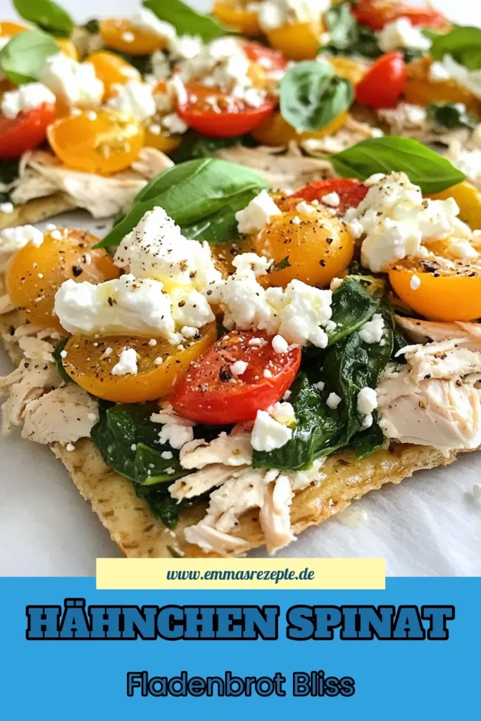 Entdecken Sie unser köstliches Hähnchen Spinat Fladenbrot Rezept! Dieses gesunde Fladenbrot kombiniert zarte Hähnchenbrust, frischen Spinat und cremigen Feta-Käse auf einem Vollkorn Fladenbrot. Ideal für ein leichtes Mittagessen oder als Snack. Mit nur 30 Minuten Zubereitungszeit sind diese gesunden Fladenbrot Ideen schnell gemacht. Probieren Sie es aus und lassen Sie sich inspirieren! Speichern Sie das Rezept für später! #HähnchenSpinatFladenbrot #VollkornFladenbrotRezept #gesundeIdeen #HähnchenSpinatRezept