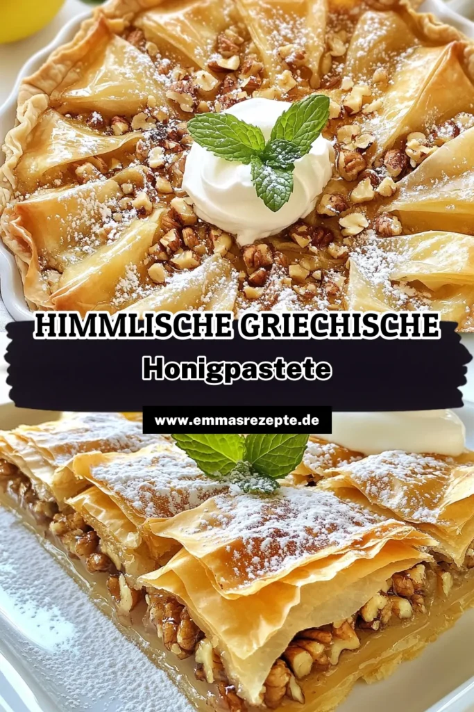 Entdecken Sie unser einfaches Rezept für eine köstliche Griechische Honigpastete! Diese verführerische Filoteigpastete mit einer Füllung aus Honig und Walnüssen ist das perfekte griechische Dessert für jede Gelegenheit. Mit nur wenigen Zutaten zaubern Sie ein einzigartiges Geschmackserlebnis. Probieren Sie dieses Walnüsse Honig Rezept aus und überraschen Sie Ihre Gäste! Speichern Sie das Rezept jetzt und genießen Sie griechische Dessertideen! #GriechischeHonigpastete #FiloteigRezept #WalnüsseHonigRezept #Dessertideen