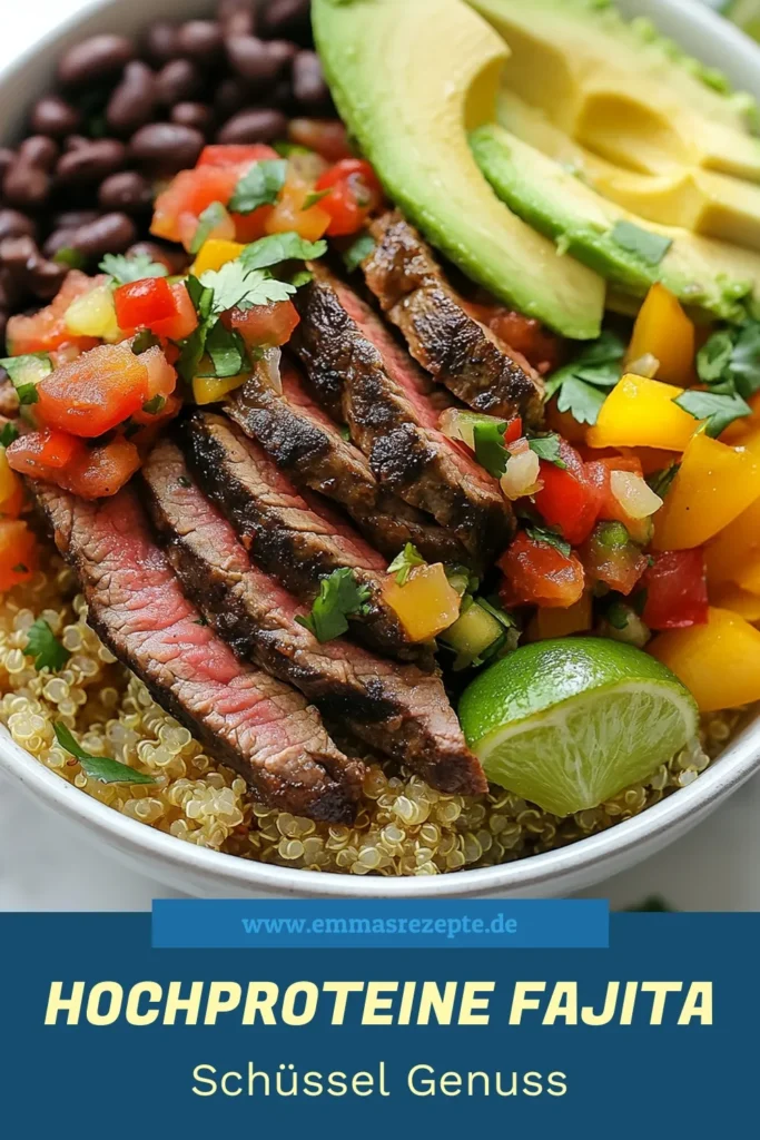 Entdecken Sie dieses leckere Hochproteine Fajita Schüssel Rezept mit Flanksteak! Eine perfekte Wahl für gesunde Fajitas, die sowohl nährend als auch schmackhaft sind. Mit Quinoa, frischem Gemüse und würzigem Steak wird diese proteinreiche Mahlzeit zum Hit bei jeder Gelegenheit. Holen Sie sich die Anleitung und genießen Sie eine gesunde Mahlzeit, die einfach zuzubereiten ist! Speichern Sie jetzt dieses Rezept! #Fajitas #Hochproteine #GesundeRezepte #QuinoaBowls
