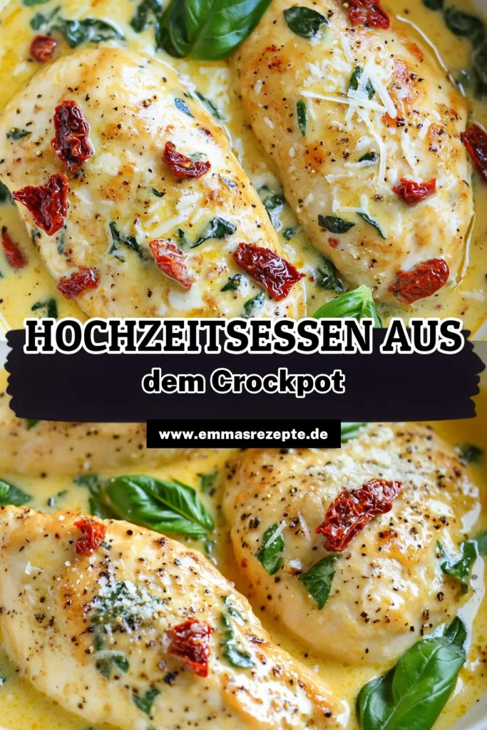Entdecke unser leckeres Crockpot Hähnchen Rezept mit cremigem Hähnchen Gericht, das dich und deine Lieben begeistert! Dieses Marry Me Chicken kombiniert zartes Hähnchen mit Spinat und Parmesan, perfekt für einfache Crockpot Rezepte. In nur 15 Minuten Vorbereitungszeit kannst du ein köstliches Essen zaubern, das dein Herz erobern wird. Probiere es aus und speichere jetzt dieses Rezept! #Crockpot #Hähnchenliebe #Rezeptideen #CrockpotRezepte