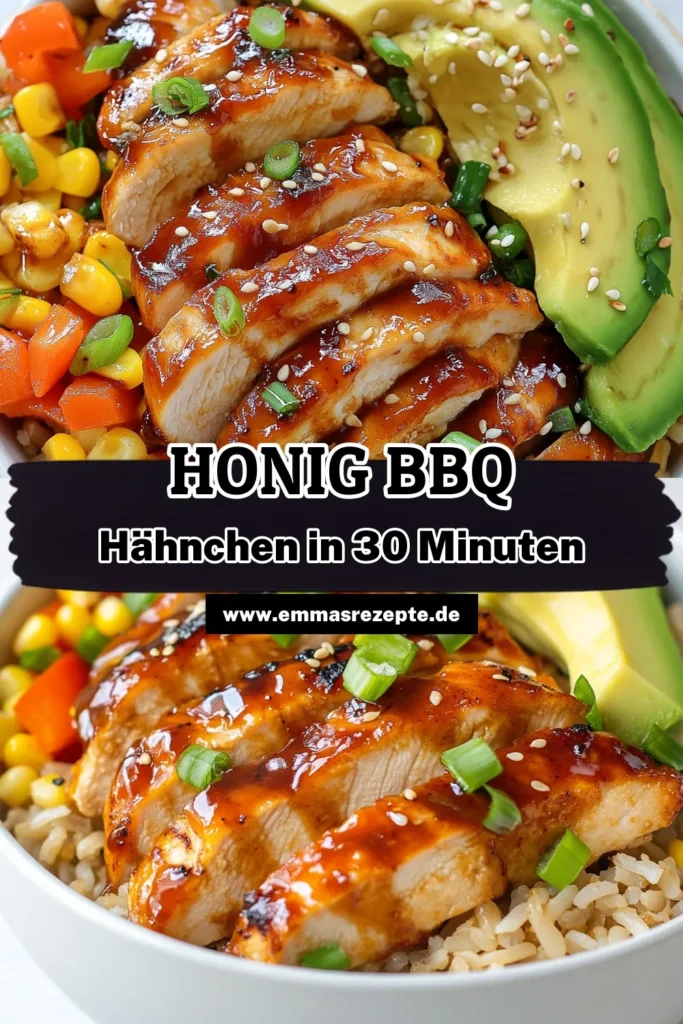 Entdecke dein neues Lieblingsgericht mit diesem Honig-BBQ-Hähnchen-Reis-Bowl Rezept! Dieses gesunde Hähnchenrezept ist eine perfekte Kombination aus saftigem BBQ-Hähnchen mit Reis, frischem Gemüse und cremiger Avocado. Ideal für einfache Abendessen Ideen und schnell zubereitet. Probiere es aus und verwöhne deine Familie! Speichere das Rezept für später! #HonigBBQHähnchen #ReisBowlRezept #gesundeHähnchenrezepte #einfacheAbendessenIdeen
