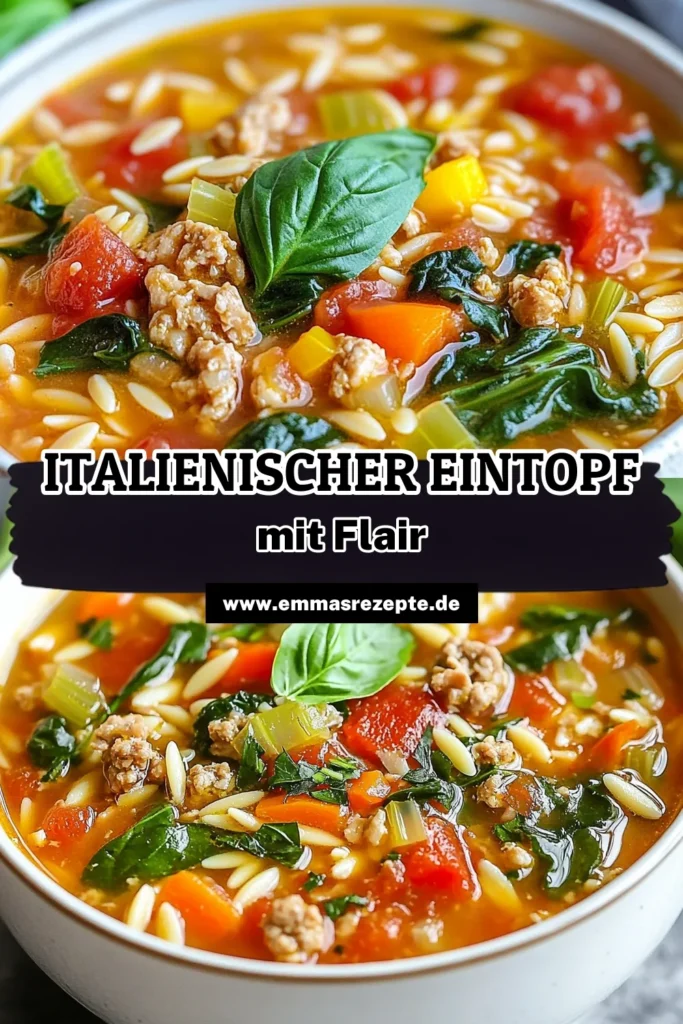 Entdecke unser köstliches Rezept für einen Eintopf mit Hackfleisch, der italienische Aromen mit Hühnchen vereint. Diese italienische Suppe Rezept ist perfekt für kalte Tage und enthält zarte Orzo-Pasta für zusätzlichen Genuss. Mit nur wenigen Zutaten und schnellen Zubereitungsschritten ist dieser Hühnchen Eintopf super einfach und ideal für Familienessen. Probiere es aus und genieße gesunde und leckere einfache Eintopf Rezepte. Speichere es dir! #EintopfMitHackfleisch #ItalienischeSuppeRezept #HühnchenEintopf #OrzoPastaSuppe