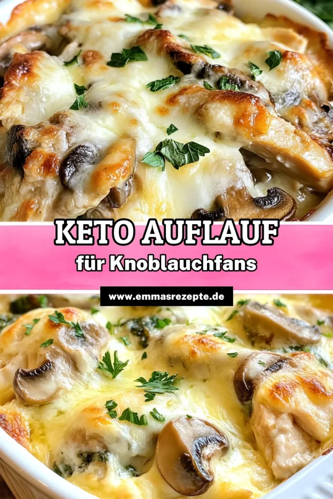 Entdecken Sie dieses gesunde Keto Hähnchen Auflauf Rezept mit köstlichem Knoblauch und Pilzen! Dieser low carb Auflauf vereint zartes Hähnchen, frischen Spinat und viel Käse zu einem unwiderstehlichen Keto Gericht. Perfekt für die ganze Familie! Bereiten Sie sich darauf vor, begeistert zu sein! Jetzt nachmachen und genießen! #KetoGerichte #HähnchenAuflauf #KnoblauchPilze #LowCarbRezept