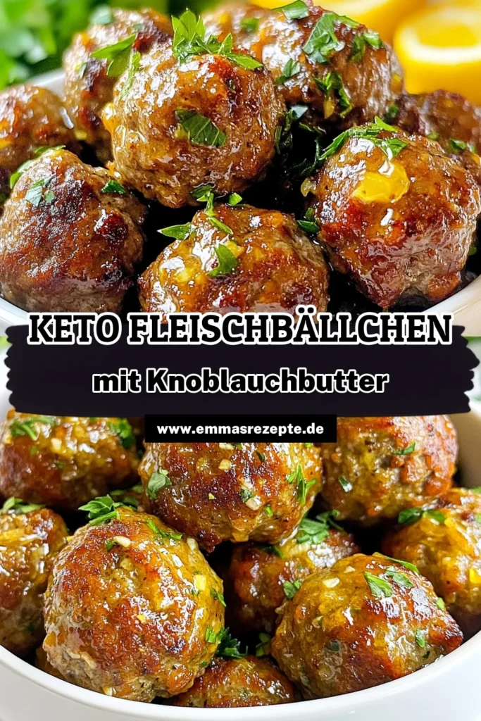Entdecken Sie unser köstliches Keto Knoblauchbutter Rezept für perfekte Keto Fleischbällchen! Diese low carb Fleischbällchen aus Rinderhack sind saftig und einfach zuzubereiten. Ideal für Ihr nächstes Dinner oder Meal Prep. Tauchen Sie die Fleischbällchen in aromatische Knoblauchbutter und genießen Sie eine wahre Gaumenfreude. Speichern Sie dieses Rezept und probieren Sie es jetzt aus! #KetoFleischbällchen #KnoblauchbutterRezept #LowCarbFleischbällchen #KetoRezeptMitKnoblauch