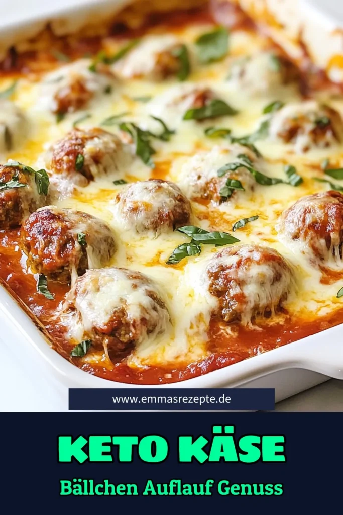 Entdecke unser köstliches Rezept für Keto Fleischbällchen Auflauf! Mit zarter, saftiger Fleischbällchen, einer zuckerfreien Marinara Soße und viel geschmolzenem Käse ist dieses Gericht perfekt für dein nächstes Keto Abendessen. Es ist eines der besten käsigen Keto Rezepte und ideal für Low Carb Auflaufgerichte. Lass dir dieses einfache, schmackhafte Rezept nicht entgehen – speichere es dir jetzt! #KetoRezepte #LowCarb #Fleischbällchen #KetoAbendessen