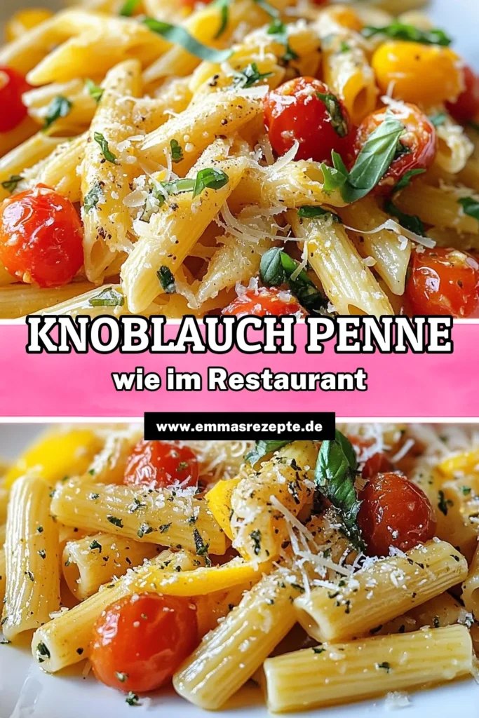 Entdecke dieses köstliche Knoblauch Penne Rezept, das Ihnen Restaurant Stil Pasta direkt nach Hause bringt! Diese einfache Pasta mit Kirschtomaten und einer cremigen Parmesan-Note wird schnell zum neuen Favoriten. Zubereitungszeit von nur 25 Minuten! Perfekt für ein schnelles Abendessen. Speichere dieses italienische Rezept für Penne und beeindrucke deine Familie und Freunde! #PastaLovers #Kochinspiration #PastaRezept #SchnelleGerichte