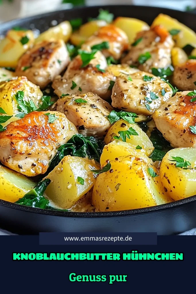 Entdecke das köstliche Knoblauchbutter Hühnchen Rezept mit einer schnellen Kartoffel-Pfanne! Dieses einfache Hähnchen Gericht ist perfekt für eine gesunde Hühnchen Pfanne, die in nur 30 Minuten zubereitet ist. Mit zartem Hühnchen, goldbraunen Kartoffeln und aromatischem Knoblauch, wirst du dieses Gericht lieben! Probiere es aus und speichere das Rezept jetzt! #KnoblauchbutterHühnchen #KartoffelPfanneSchnell #GesundeHühnchenPfanne #EinfachesHähnchenGericht