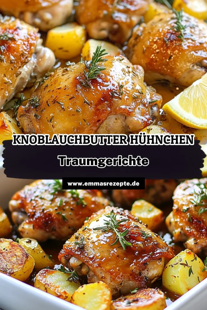 Entdecke dieses köstliche einfaches Hühnchen-Rezept: Knoblauchbutter-Hühnchen mit Kräuter-Röstkartoffeln! Saftige Hühnchenschenkel werden mit aromatischer Knoblauchbutter und frischen Kräutern zubereitet, während die Kartoffeln perfekt geröstet werden. Ein Ofen-Hühnchen mit Knoblauch, das alle begeistert. Probiere es aus und verwöhne deine Familie! Ideal für ein schnelles Abendessen. Teile dein Ergebnis und speichere das Rezept! #Hühnchen #OfenHühnchen #Knoblauchbutter #KräuterRöstkartoffeln