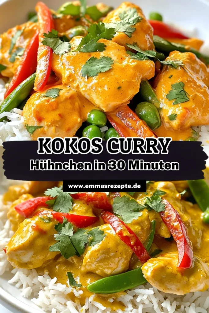 Entdecke das leckere Kokos-Curry-Hühnchen, ein schnelles und einfaches Curry-Rezept, perfekt für asiatische Hähnchenrezepte. Dieses glutenfreie Hähnchencurry begeistert durch cremige Kokosmilch und frisches Gemüse. In nur 30 Minuten bereit, ist es ideal für ein kreatives Abendessen. Probiere es aus und bringe Abwechslung in deine Küche! Speichere dieses Rezept für dein nächstes Kochen! #KokosCurry #Hähnchenrezepte #Glutenfrei #SchnelleRezepte