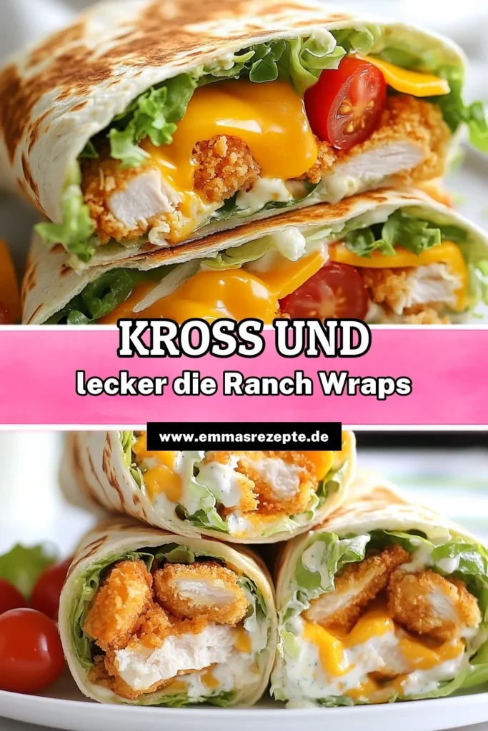 Entdecken Sie das Rezept für knusprige Hähnchen Wraps! Diese Tortilla Snacks sind perfekt für ein schnelles Mittagessen oder als gesunder Snack. Gefüllt mit zartem, knusprigen Hähnchen, knackigem Salat und einem köstlichen Ranch-Dressing Rezept, sind sie einfach zuzubereiten und lecker. Lassen Sie sich inspirieren und probieren Sie diese schnellen Snack-Ideen. Speichern Sie das Rezept für Ihre nächste Snack-Session! #HähnchenWraps #RanchDressing #TortillaSnacks #GesundeRezepte