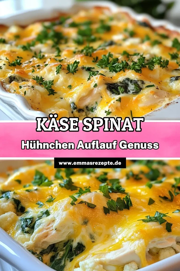 Entdecken Sie dieses gesunde Auflaufrezept für einen leckeren Käse-Spinat-Hühnchen-Auflauf! Dieses einfaches Hühnchenrezept kombiniert zartes Hähnchen, frischen Spinat und Gemüse in einer cremigen Käseschicht. Perfekt für eine nährstoffreiche Mahlzeit. Bereiten Sie ihn in nur 45 Minuten zu und genießen Sie seinen köstlichen Geschmack! Speichern Sie das Rezept und probieren Sie es gleich aus! #KäseSpinatHühnchenAuflauf #einfachesHühnchenrezept #gesundesAuflaufrezept #cremigerKäseauflauf