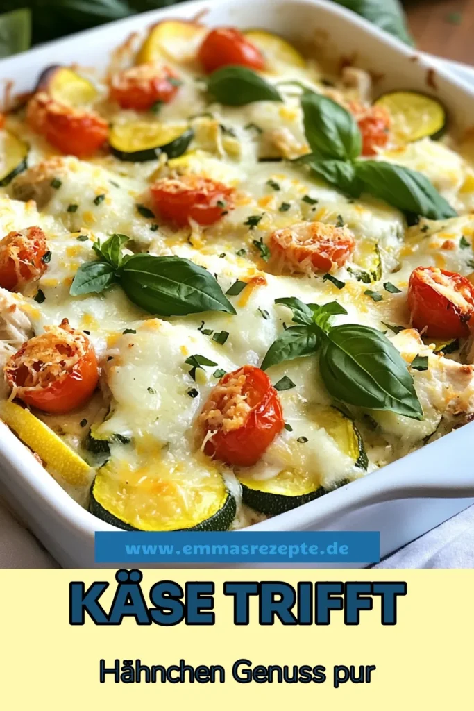 Entdecke unser einfaches Auflaufrezept für einen köstlichen Käse-Hähnchen-Zucchini-Auflauf! Mit zerrissenem Hähnchen, frischer Zucchini und viel Käse wird dieses gesunde Hähnchenrezept zum perfekten Gericht für jede Gelegenheit. Der cremige Auflauf mit Käse ist nicht nur lecker, sondern auch einfach zuzubereiten. Probiere es aus und genieße herzhaftes Essen! Speichere dir das Rezept für später! #KäseHähnchenZucchiniAuflauf #GesundeHähnchenrezepte #ZucchiniRezepte #EinfachesAuflaufrezept