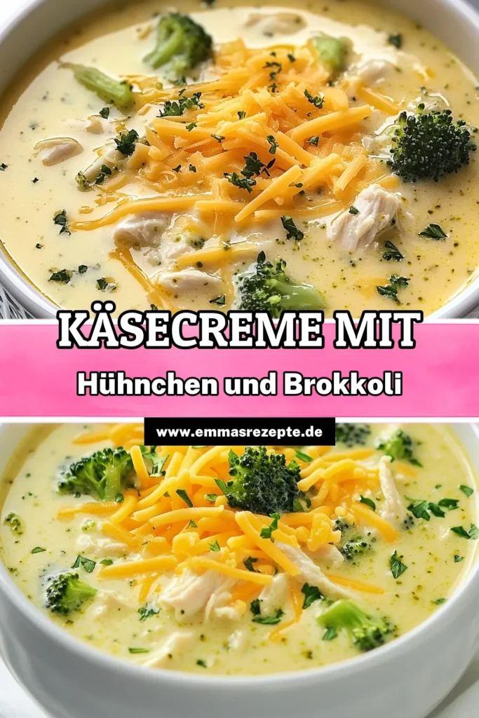 Entdecken Sie dieses köstliche Käse-Hühnchen-Rezept mit Brokkoli-Suppe, das schnelle, einfache Hühnchenrezepte in eine cremige Käse-Suppe verwandelt. Perfekt für gesunde Mahlzeiten mit Brokkoli, ist diese Suppe eine herzliche Option für jede Gelegenheit. Kochen Sie mit frischen Zutaten und genießen Sie den herrlichen Geschmack! Speichern Sie dieses Rezept für Ihren nächsten Kochabend! #KäseHühnchen #BrokkoliSuppe #einfacheHühnchenrezepte #gesundeMahlzeiten