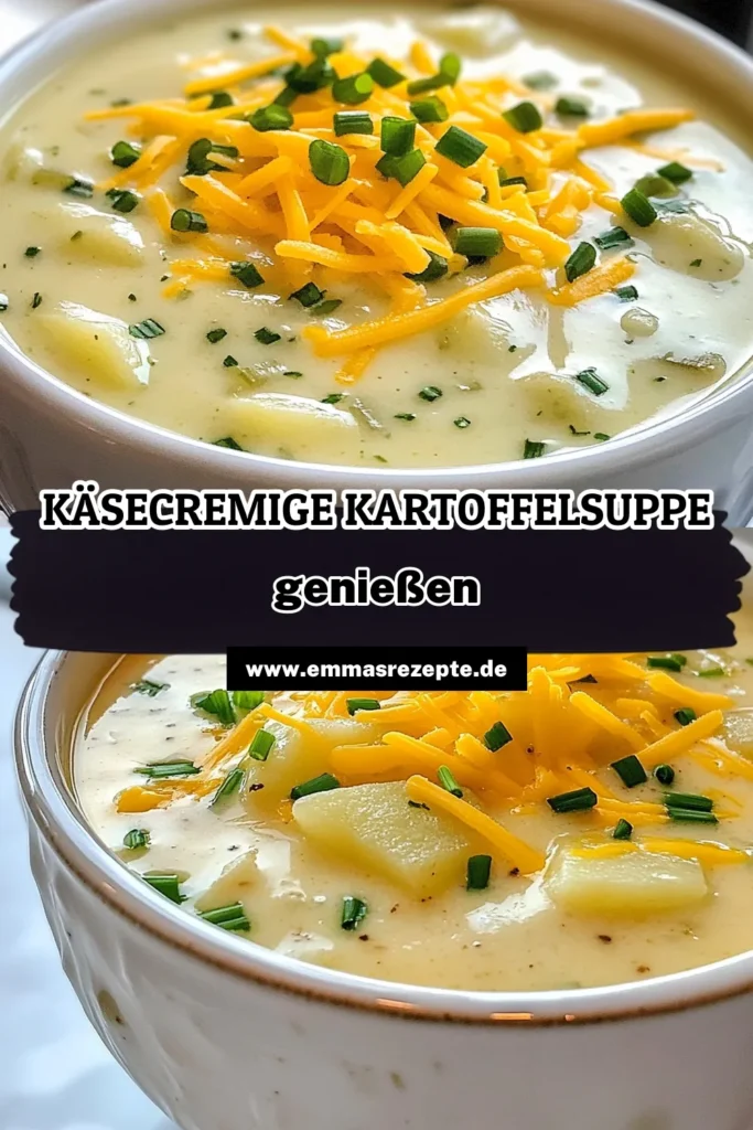 Entdecke unser Rezept für eine köstliche Cheddar Kartoffelsuppe, die mit Knoblauch und frischen Kräutern verfeinert ist. Diese cremige Kartoffelsuppe ist einfach zuzubereiten und perfekt für kalte Tage. Genieße die Kombination aus scharfen Cheddar-Käse und aromatischen Zutaten in diesem einfachen Kartoffelsuppe Rezept. Lass dich von der satten Konsistenz und dem tollen Geschmack überzeugen. Probiere es aus und teile deine Kreation! #Kartoffelsuppe #CheddarKäse #Suppe #Essen
