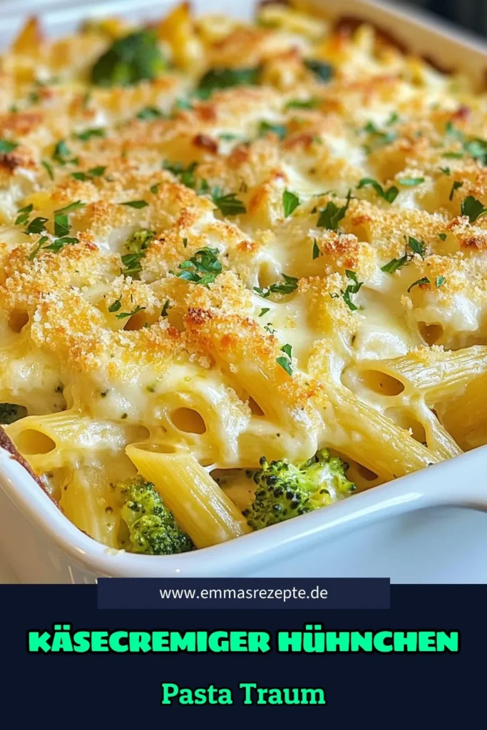 Entdecken Sie unser köstliches Käse-Brokkoli-Hühnchen-Pasta Auflauf Rezept, das perfekt für die ganze Familie ist! Dieser cremige Alfredo-Auflauf verbindet zarte Penne-Nudeln mit Hühnchen und Brokkoli für ein herzhaftes Gericht. Einfach zuzubereiten in nur 55 Minuten. Ideal für ein schnelles Abendessen! Speichern Sie das Rezept und genießen Sie ein wunderbares Familiengericht mit Brokkoli! #PastaAuflauf #Familienessen #KäseRezept #CremigeGerichte