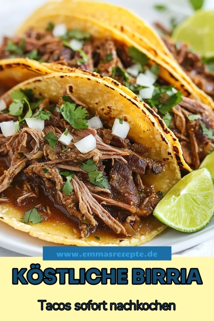 Entdecken Sie unser köstliches Birria Tacos Rezept! Diese authentischen Birria Tacos bringen die Aromen Mexikos direkt auf Ihren Tisch. Mit zartem Rinder-Birria und aromatischen Tacos mit Guajillo Chilis sind diese Tacos ein Muss für jeden Liebhaber mexikanischer Küche. Bereiten Sie sich auf Geschmacksexplosionen vor und genießen Sie jeden Bissen. Speichern Sie dieses Rezept für Ihr nächstes Taco-Abendessen! #BirriaTacos #MexikanischeTacos #RinderBirria #GuajilloChilis