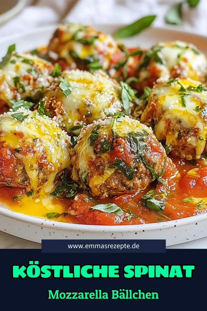 Entdecken Sie dieses einfache Fleischbällchen Rezept für Spinat-Knoblauch-Mozzarella-Fleischbällchen! Diese gesunden Hackfleischgerichte sind eine köstliche italienische Spezialität, die Sie lieben werden. Kombinieren Sie frischen Spinat und Mozzarella in perfekt gewürzten Fleischbällchen, serviert mit hausgemachter Marinara-Sauce. Perfekt für die ganze Familie! Speichern Sie dieses Rezept, um es später auszuprobieren. #Fleischbällchen #GesundeRezepte #ItalienischeKüche #Hausgemacht