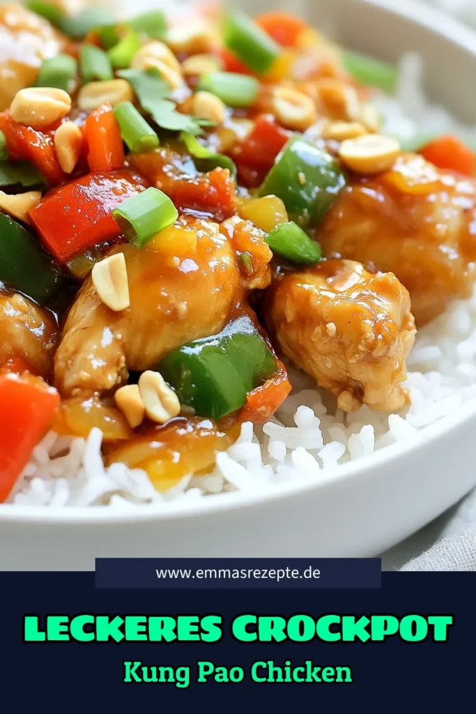 Entdecke das leckere Crockpot Kung Pao Hähnchen, das einfach zuzubereiten ist! Dieses einfaches Kung Pao Rezept vereint zartes Hähnchen mit Erdnüssen und buntem Gemüse in einer geschmackvollen Soße. Ideal für die asiatische Küche im Crockpot! Probiere es aus und genieße gesunde Hähnchenrezepte, die deine Familie lieben wird. Jetzt speichern und das Rezept ausprobieren! #CrockpotKungPaoHähnchen #HähnchenmitErdnüssen #AsiatischeKüche #GesundeRezepte