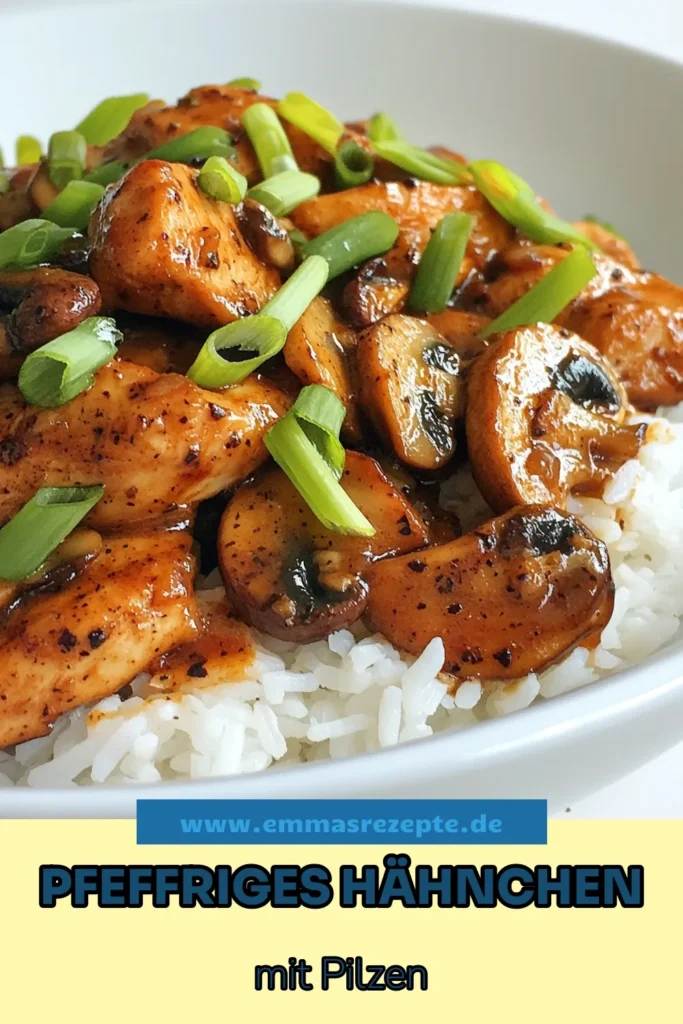 Entdecke das köstliche Rezept für Schwarzer Pfeffer Hähnchen mit Pilzen! Dieses schnelle Hähnchengericht vereint zarte Hähnchenbrust und aromatische Pilze zu einem perfekten asiatischen Hähnchenrezept. Ideal für ein schnelles Abendessen, das in nur 30 Minuten zubereitet ist. Probiere es mit Jasminreis oder Nudeln und genieße die intensiven Aromen. Spare dir das Rezept für dein nächstes Kochen! #HähnchenmitPilzen #asiatischeHähnchenrezepte #schnellesHähnchengericht #SchwarzerPfefferHähnchen