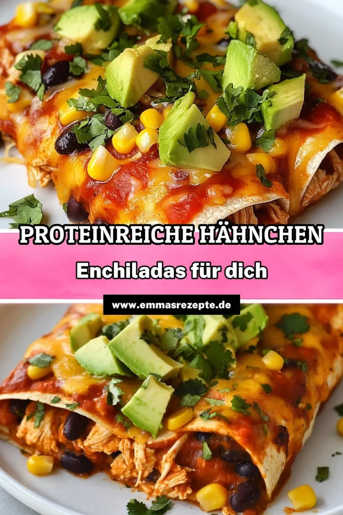Entdecke das köstliche Rezept für proteinreiche Enchiladas! Diese Hähnchen-Enchiladas sind einfach zuzubereiten und vollgepackt mit gesunden Zutaten wie zerrupftem Hähnchen, schwarzen Bohnen und cremigem griechischen Joghurt. Perfekt für ein schnelles Abendessen oder Meal Prep. Lass dich von diesen mexikanischen Enchiladas inspirieren und probiere es selbst aus! Speichere dieses einfache Hähnchenrezepte für später! #HähnchenEnchiladas #ProteinreicheEnchiladas #EinfacheRezepte #MexikanischeKüche