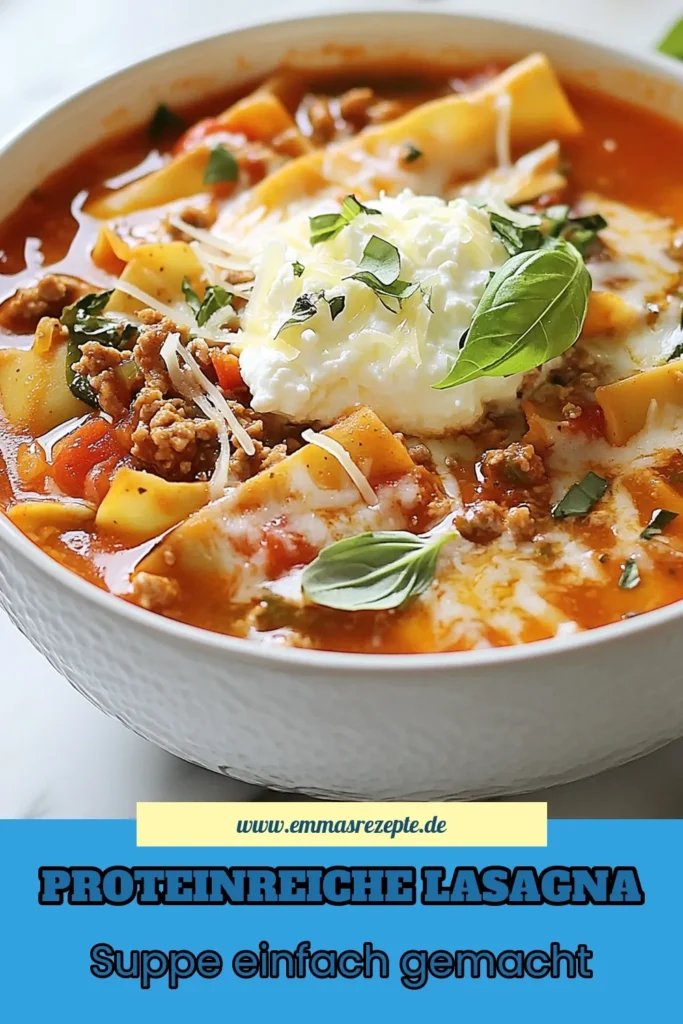 Lust auf eine gesunde und nahrhafte Mahlzeit? Probieren Sie unsere hohe Protein Lasagna-Suppe! Dieses mageres Hackfleisch Rezept ist perfekt für alle, die Italien lieben. Mit italienische Gewürzmischung Verwendung und reichhaltigen Zutaten wird diese gesunde Lasagne-Suppe zum Highlight Ihres Speiseplans. Lassen Sie sich von diesem nahrhaften Suppenrezepte inspirieren und speichern Sie das Rezept für später! #Proteinreich #Suppenliebe #GesundeRezepte #ItalienischeKüche