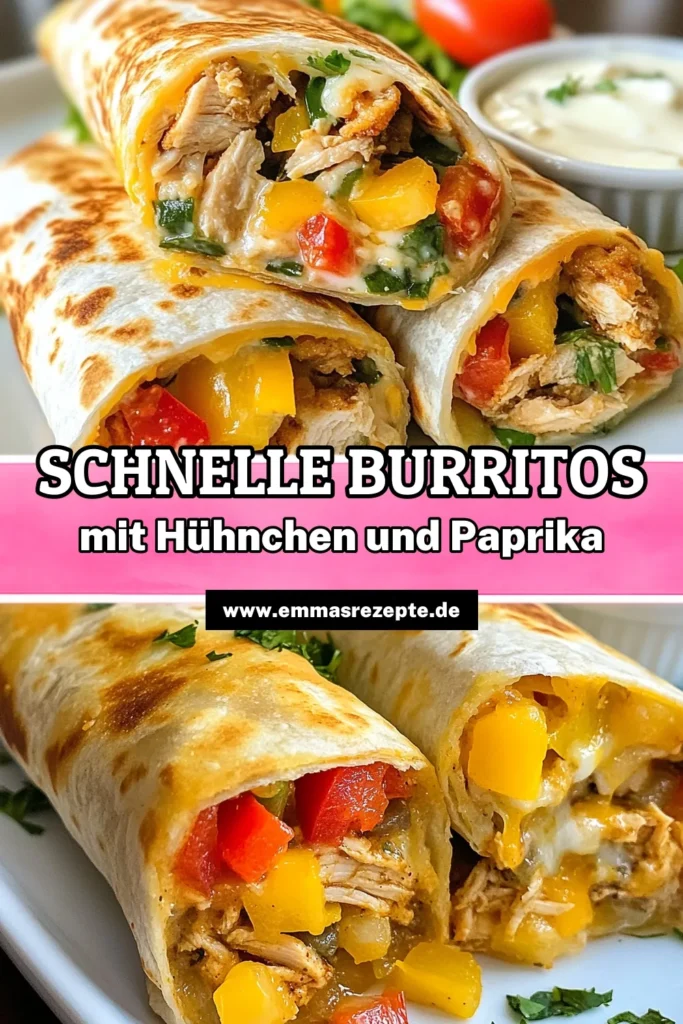 Entdecken Sie unser einfaches Hühnchen Burritos Rezept mit Paprika! Diese köstlichen Ranch-Dressing Burritos sind perfekt für ein schnelles Mittagessen oder Abendessen. Füllen Sie weiche Tortillas mit zerrissenem Hühnchen, bunten Paprika und cremigem Cheddar-Käse. Zusammen sind sie ein Genuss, den Sie nicht verpassen sollten! Rezept jetzt ausprobieren und speichern! #HühnchenBurritos #PaprikaBurritoRezept #RanchDressingBurritos #einfacheBurritosMitHühnchen