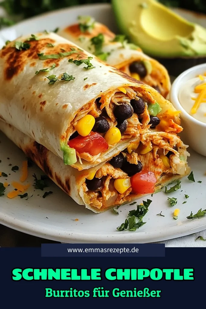 Entdecke, wie einfach es ist, köstliche Chipotle Ranch Hähnchen Burritos zuzubereiten! Dieses Burritos Rezept kombiniert zartes Hähnchen, herzhaften Reis, schwarze Bohnen und cremigen Chipotle Ranch für den perfekten Genuss. Ideal für schnelle Burritos, die in gefüllten Tortillas serviert werden. Probiere dieses Gericht aus der mexikanischen Küche und bereite es in nur 30 Minuten zu! Teile und speichere das Rezept für deine nächste Mahlzeit! #ChipotleRanch #BurritosRezept #MexikanischeKüche #SchnelleBurritos