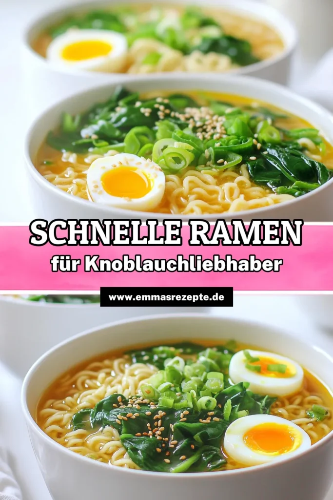 Entdecke die köstlichen Schnelle Knoblauch-Sesam-Ramen, die in nur 15 Minuten zubereitet sind! Mit aromatischem Knoblauch, frischem Spinat und einer herzhaften Brühe sind diese Instant-Ramen perfekt für schnelle Abendessen oder ein unkompliziertes Mittagessen. Lass dir dieses easy Rezept nicht entgehen und verwandle einfache Zutaten in ein geschmackvolles Gericht! Klicke hier für das volle Rezept! #SchnelleRezepte #Ramen #KnoblauchRezepte #EssenLieben