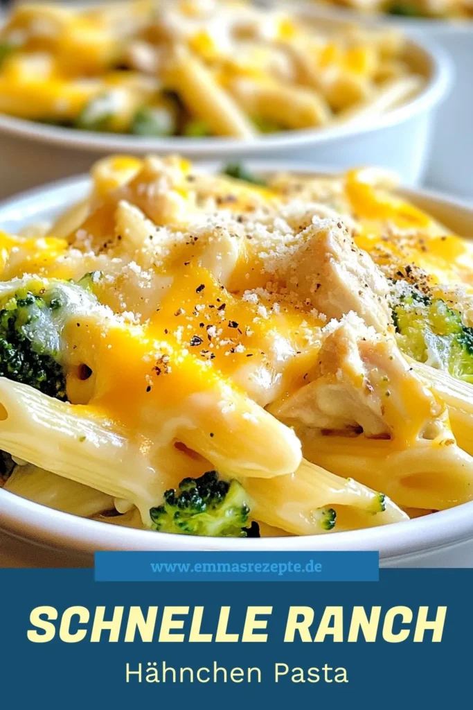 Entdecke dieses köstliche Ranch Hähnchen Pasta Rezept, perfekt für ein schnelles Abendessen! Diese cremige Ranch Pasta kombiniert saftiges Hähnchen und gesundes Brokkoli für ein ausgewogenes Gericht. Einfach in nur 30 Minuten zubereitet, ist unser Brokkoli Nudeln Rezept ideal für alle Pasta-Liebhaber. Probiere unser einfaches Pasta Rezept für gesunde Hähnchen Gerichte aus und lass dich begeistern! Speichere dir dieses Rezept! #RanchHähnchenPasta #CremigePasta #GesundeRezepte #PastaLiebe