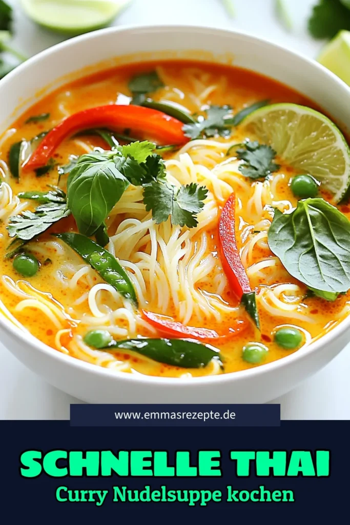 Entdecke unser einfaches Rezept für Thai Rote Curry-Nudelsuppe! Diese aromatische Kokosmilch Suppe kombiniert zarte Reisnudeln mit frischem Gemüse und einer köstlichen roten Currypaste. Perfekt für Liebhaber der vegetarischen Thai Küche, wird dieses Rezept zu deinem neuen Liebling unter den Suppenrezepten. Probiere es aus und genieße den vollen Geschmack der Aromen! Speichere es dir für später! #ThaiRoteCurryNudelsuppe #ReisnudelnRezept #AromatischeSuppenrezepte #VegetarischeThaiKüche