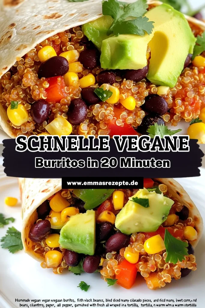 Entdecke diese leckeren Minute Vegane Burritos – das perfekte einfache Burrito Rezept für alle, die schnell gesunde vegetarische Gerichte zubereiten möchten! Mit gesunder Quinoa und frischen Zutaten sind diese schnellen veganen Rezepte ideal für jeden Tag. Probiere diese Quinoa Burritos aus und genieße den köstlichen Geschmack! Jetzt ab ins Küchenabenteuer und teile dein Ergebnis! #veganeBurritos #schnelleveganeRezepte #QuinoaBurritos #einfacheBurritoRezept