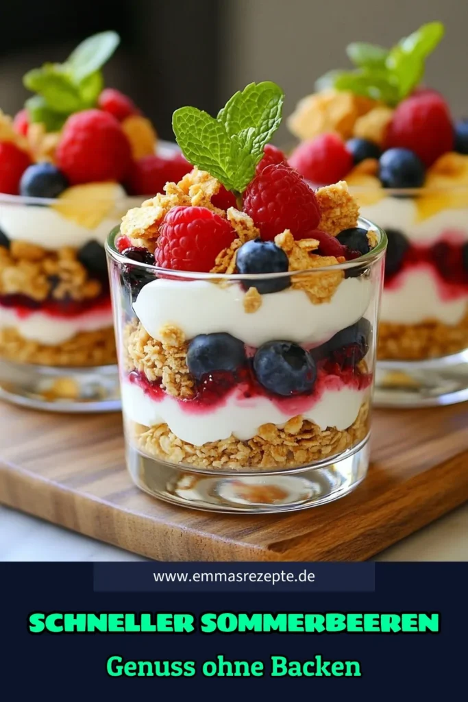Entdecken Sie dieses köstliche No-Bake Sommerbeeren Dessert, das perfekt für heiße Tage ist! Unser einfaches Sommerdessert kombiniert frische Beeren, cremigen Joghurt und knuspriges Granola. Mit diesem erfrischenden Dessert ohne Backen beeindrucken Sie Familie und Freunde. Probieren Sie unser Beeren Joghurt Rezept aus und genießen Sie ein fruchtiges Obst Dessert mit Granola. Speichern Sie dieses Rezept für Ihren nächsten Sommertag! #NoBakeDessert #Sommerbeeren #Beerenliebe #DessertRezept