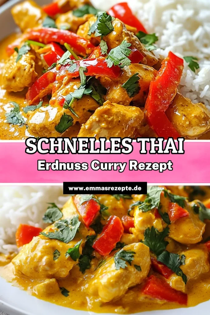 Entdecken Sie, wie einfach es ist, dieses köstliche Thai Erdnuss-Curry-Hühnchen zuzubereiten. Unser cremiges Erdnussbutter Rezept kombiniert zarte Hühnerschenkel mit roter Currypaste für ein einfaches Thai Curry, das jeder lieben wird. Mit dem Hühnerschenkel Curry Rezept können Sie in nur 35 Minuten ein leckeres Gericht zaubern. Probieren Sie es aus und genießen Sie die Aromen Thailands! #ThaiCurry #Erdnussbutter #CurryRezept #KochenLeichtGemacht