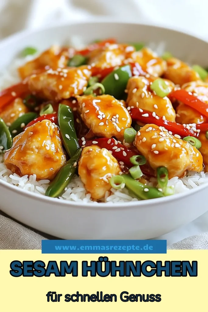 Entdecken Sie dieses köstliche Sesam-Hühnchen Rezept, das die besten Aromen der Asiatischen Küche einfängt! Dieses einfaches 30 Minuten Gericht kombiniert saftiges Hühnchen mit Sesamsamen, frischem Gemüse und wird auf einem Bett aus Jasminreis serviert. Perfekt für ein schnelles Abendessen! Probieren Sie es aus und speichern Sie es für Ihre nächste Kochrunde! #SesamHühnchen #AsiatischeKüche #EinfachesGericht #JasminreisMitHühnchen