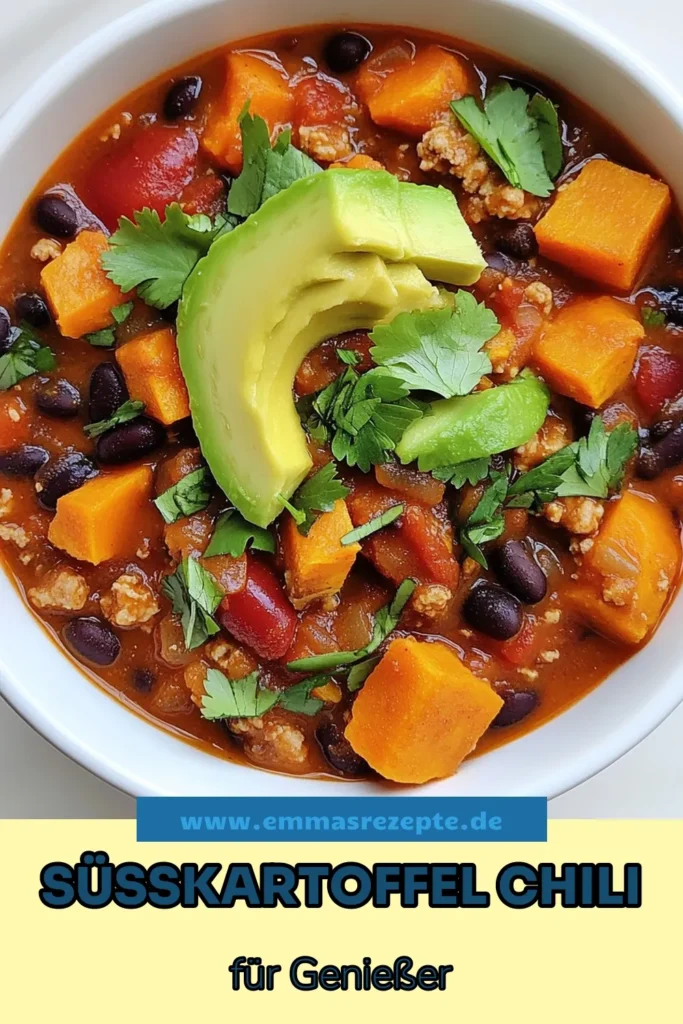 Entdecke dieses köstliche Süßkartoffel-Türkei-Chili – ein gesundes Chili Rezept, das voller Geschmack steckt! Mit hochwertigem Chili mit Truthahn, cremigen Süßkartoffeln und nahrhaften Bohnen ist dieses würzige Süßkartoffelgericht perfekt für jede Mahlzeit. Verpasse nicht die Chance, dieses einfache Rezept auszuprobieren und deinen Tisch zu bereichern! Speichere es für später und genieße es! #SüßkartoffelTürkeiChili #gesundesChiliRezept #ChilimithTurkey #Süßkartoffelgericht