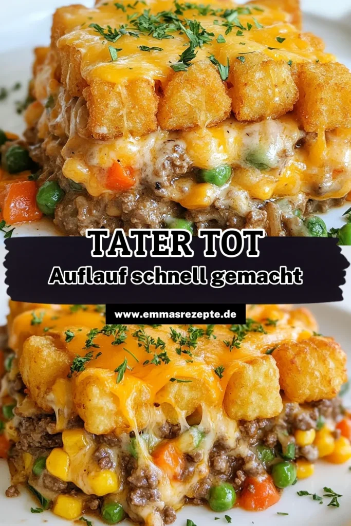 Entdecken Sie unser köstliches Rezept für Tater Tot Auflauf! Dieser herzhafte Auflauf mit Tater Tots kombiniert gemischtes Hackfleisch und Cheddar-Käse für ein einfaches und befriedigendes Gericht. Perfekt für jede Gelegenheit, ist dieser einfache Auflauf mit Tater Tots ideal für Familienessen. Probieren Sie es aus und lassen Sie sich von den Aromen verzaubern! Speichern Sie das Rezept und teilen Sie es mit Freunden! #TaterTotAuflauf #einfachesRezept #HackfleischGericht #herzhafterAuflauf