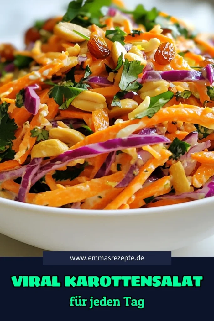 Entdecken Sie unser köstliches Karottensalat Rezept! Dieser gesunde Karottensalat ist perfekt für alle, die einen veganen Salat mit Erdnüssen suchen. Mit Joghurt verfeinert, ist unser Karottensalat mit Joghurt eine erfrischende Option für jede Mahlzeit. Einfach zuzubereiten, macht dieser einfache Salatrezepte jede Mahlzeit zum Hit! Probieren Sie unser Rezept aus und speichern Sie es für später! #Karottensalat #vegan #gesunderSalat #Salatrezepte